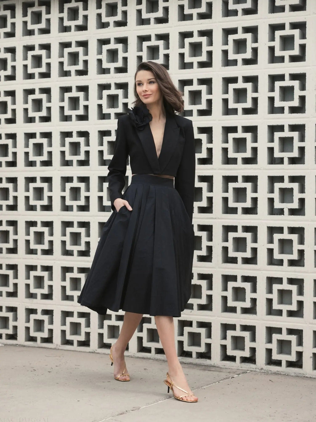 Women's Black Midi Dress - Black Pleated