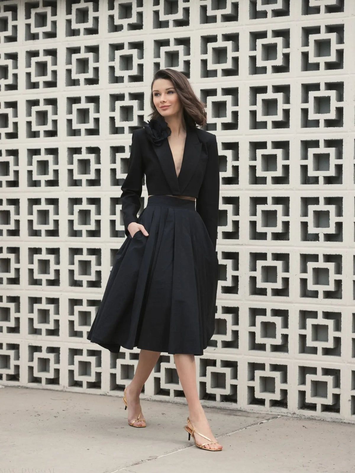 Women's Black Midi Dress - Black Pleated