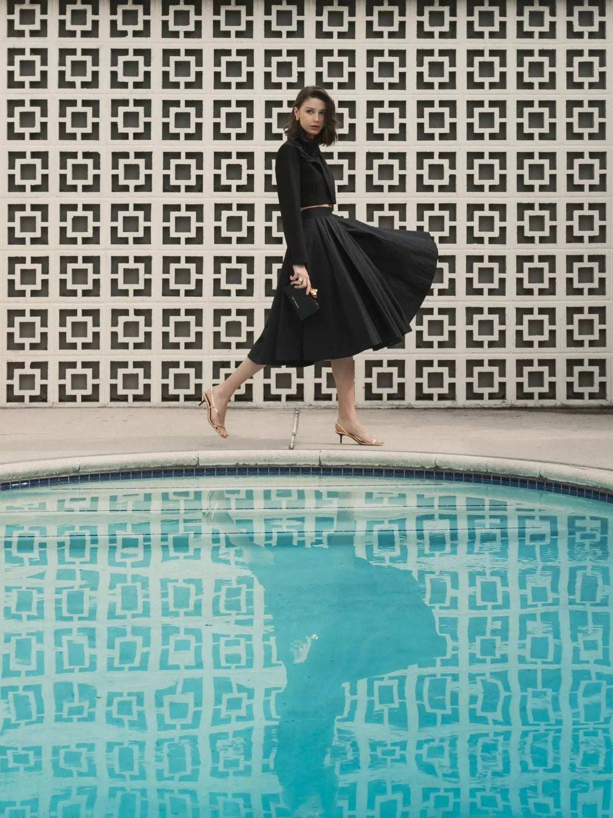 Women's Black Midi Dress - Black Pleated